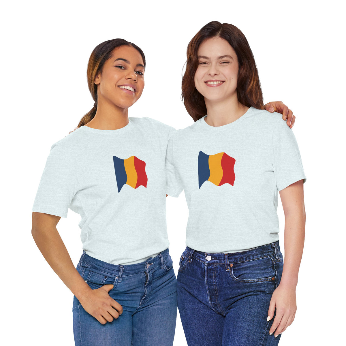 Romania flag T-shirt by Printify featuring a minimal waving tricolor design on a casual tee.
