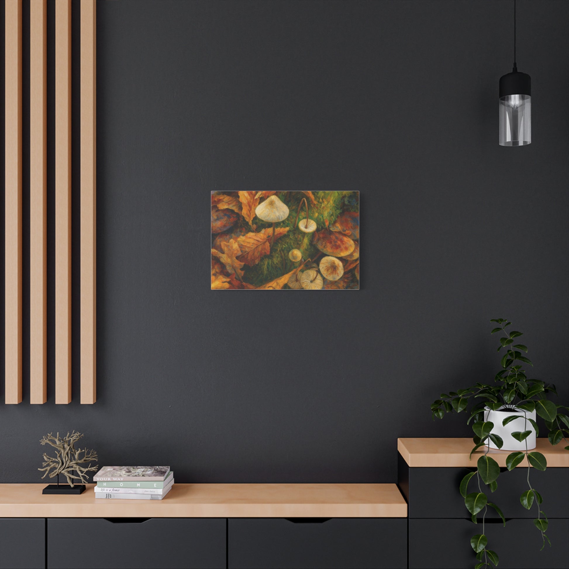 Autumn Mushrooms Canvas print by Printify featuring colorful autumn forest mushrooms on a textured canvas background.