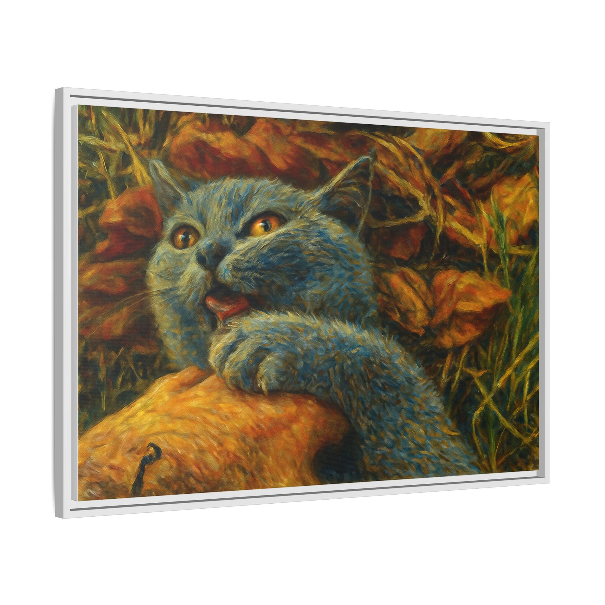 Blue cat canvas print wall art by Printify featuring a whimsical design, perfect for cat lovers' home decor.