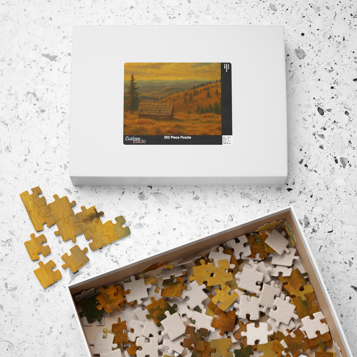 Autumn mountain cabin landscape puzzle by Printify featuring a scenic 520-piece jigsaw with a cozy mountain view.