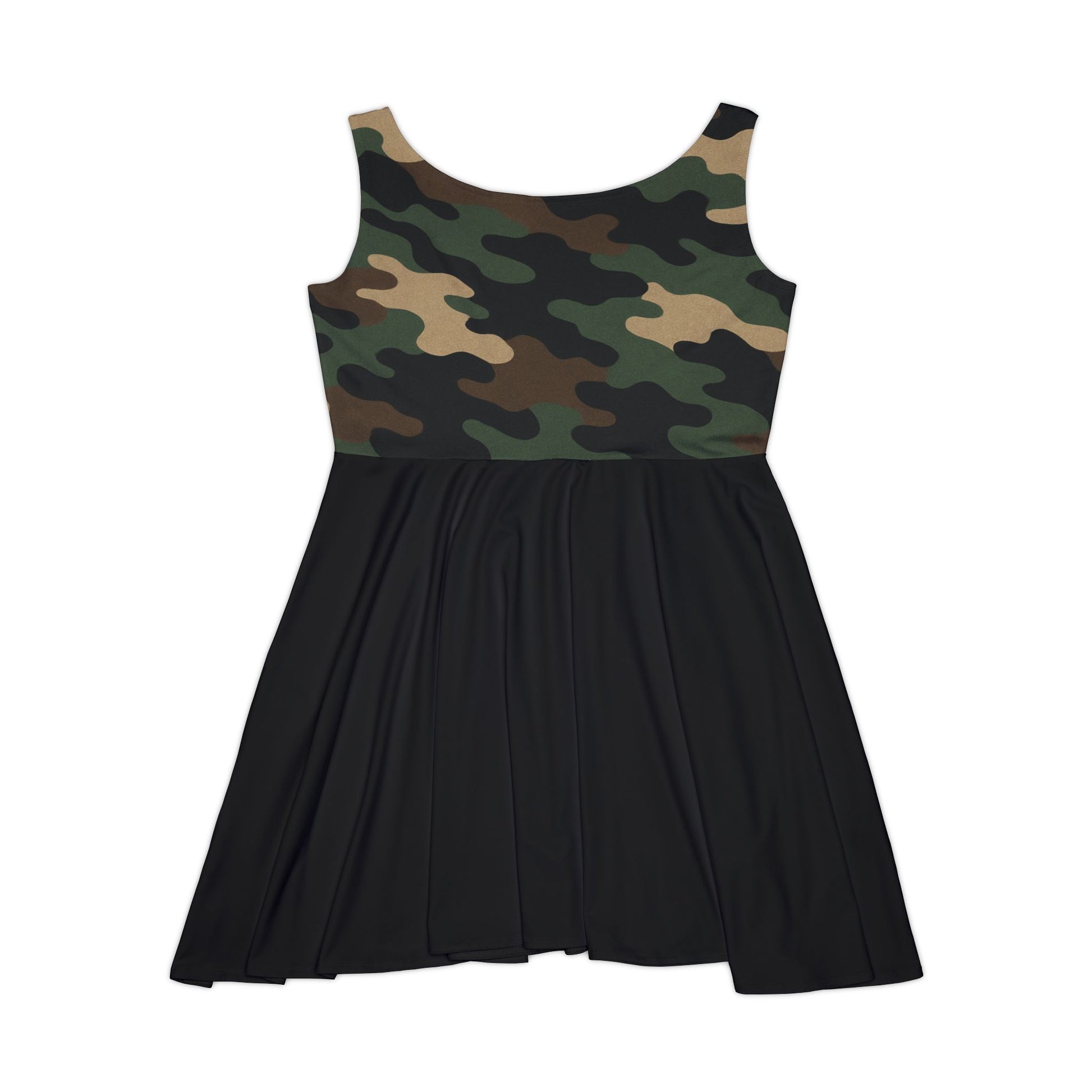 Women's camo print skater dress featuring all-over camouflage pattern, casual summer style by Printify.