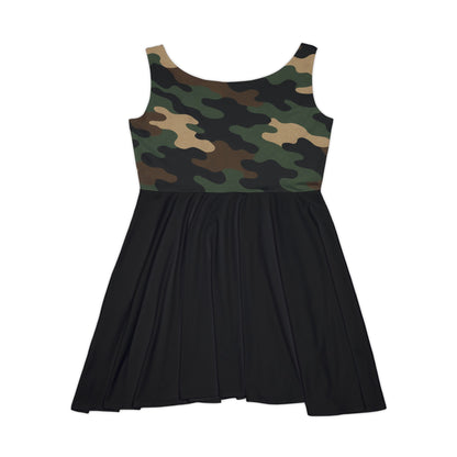 Women's camo print skater dress featuring all-over camouflage pattern, casual summer style by Printify.