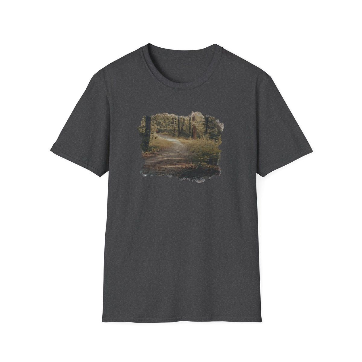Vintage forest landscape T-Shirt by Printify featuring a nature pathway design on soft fabric.