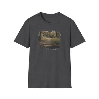 Vintage forest landscape T-Shirt by Printify featuring a nature pathway design on soft fabric.