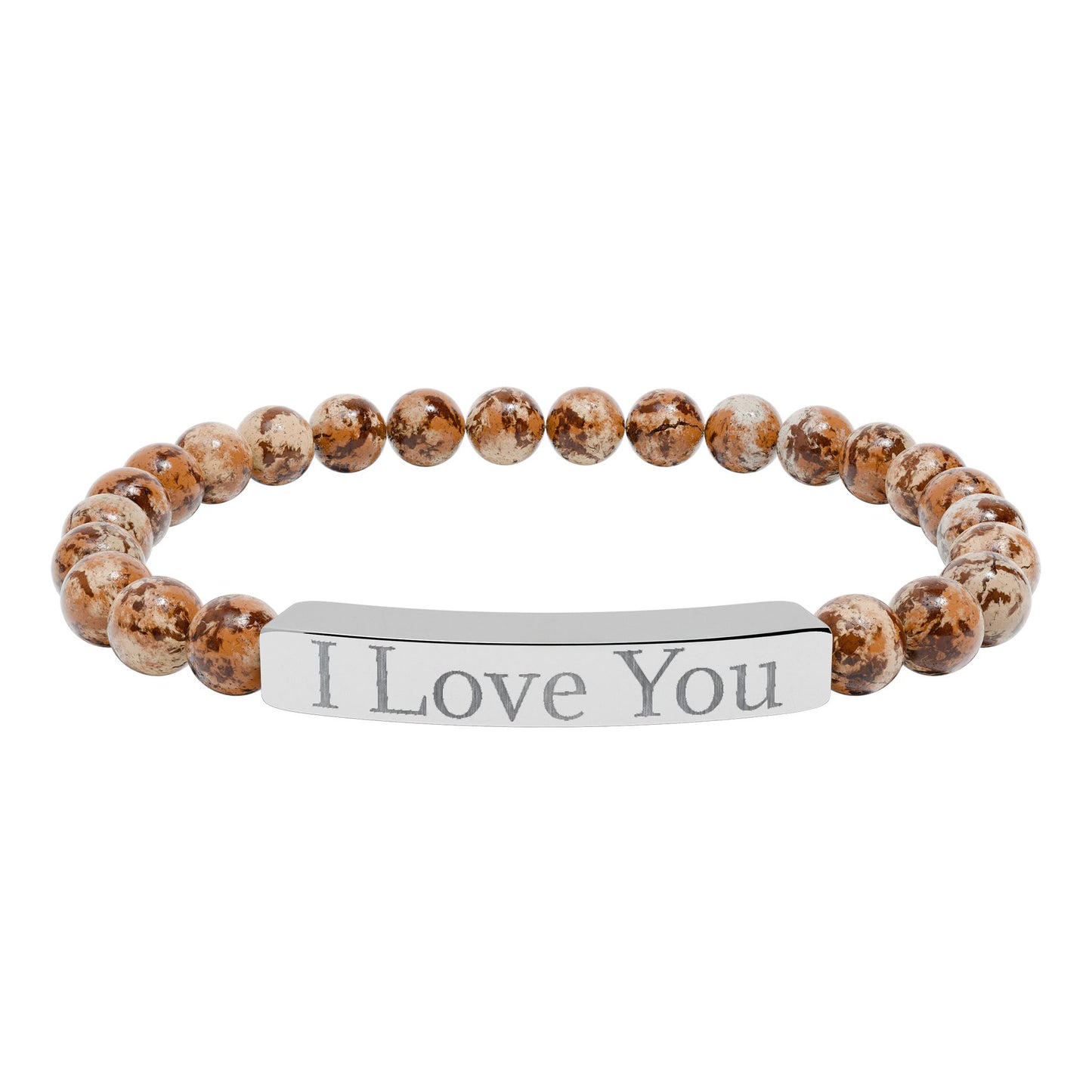 Engraved 'I Love You' natural stone stretch bracelet, accessory with polished stones and engraved message, stylish and meaningful jewelry
