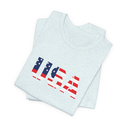 USA flag text patriotic T-shirt from Printify, featuring red, white, and blue colors with a bold patriotic design.