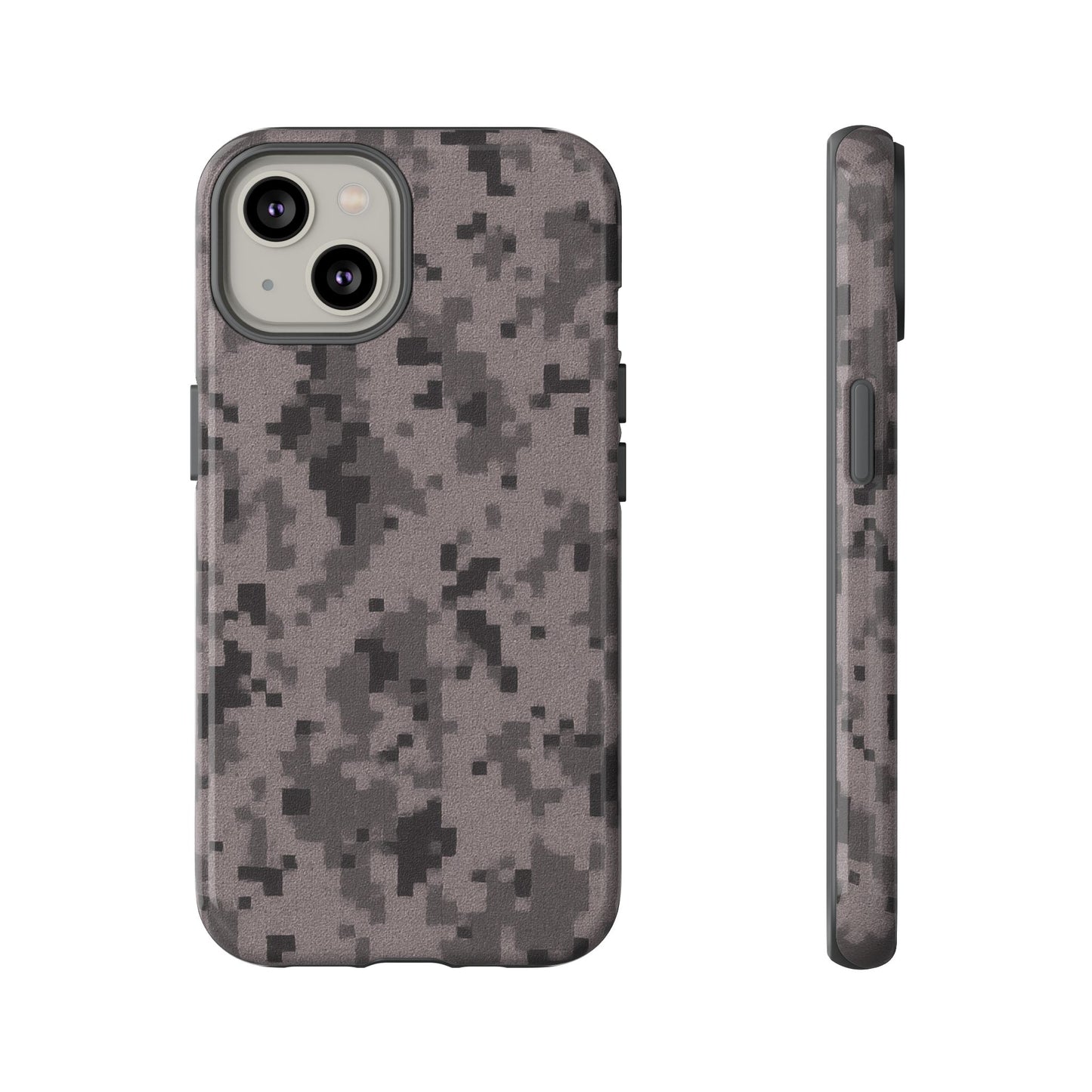 Gray digital camo print phone case by Printify, tough protective cover for smartphones with camouflage design.