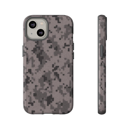 Gray digital camo print phone case by Printify, tough protective cover for smartphones with camouflage design.