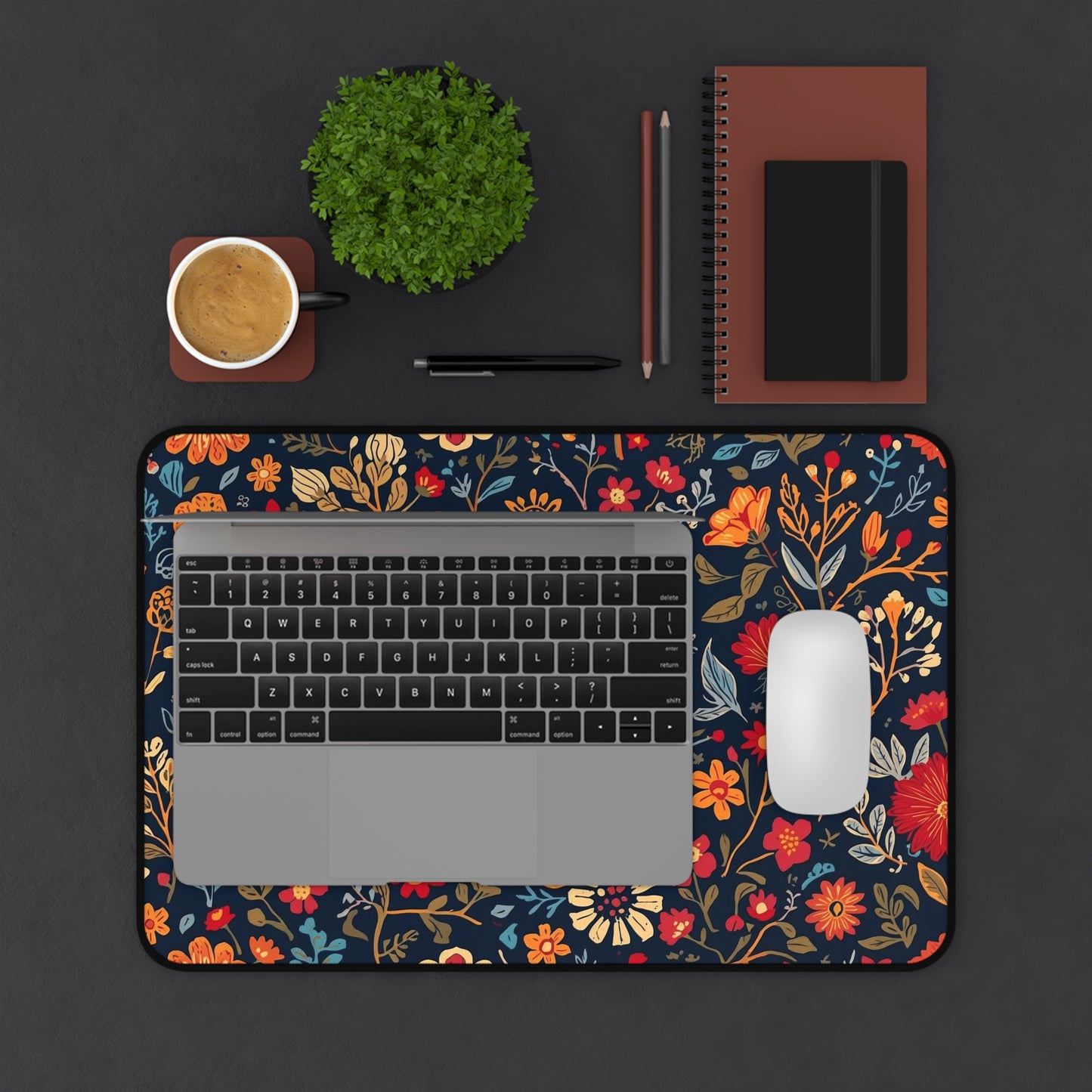 Autumn floral pattern desk mat with fall flowers design, Printify mouse pad for workspace decor and comfort.