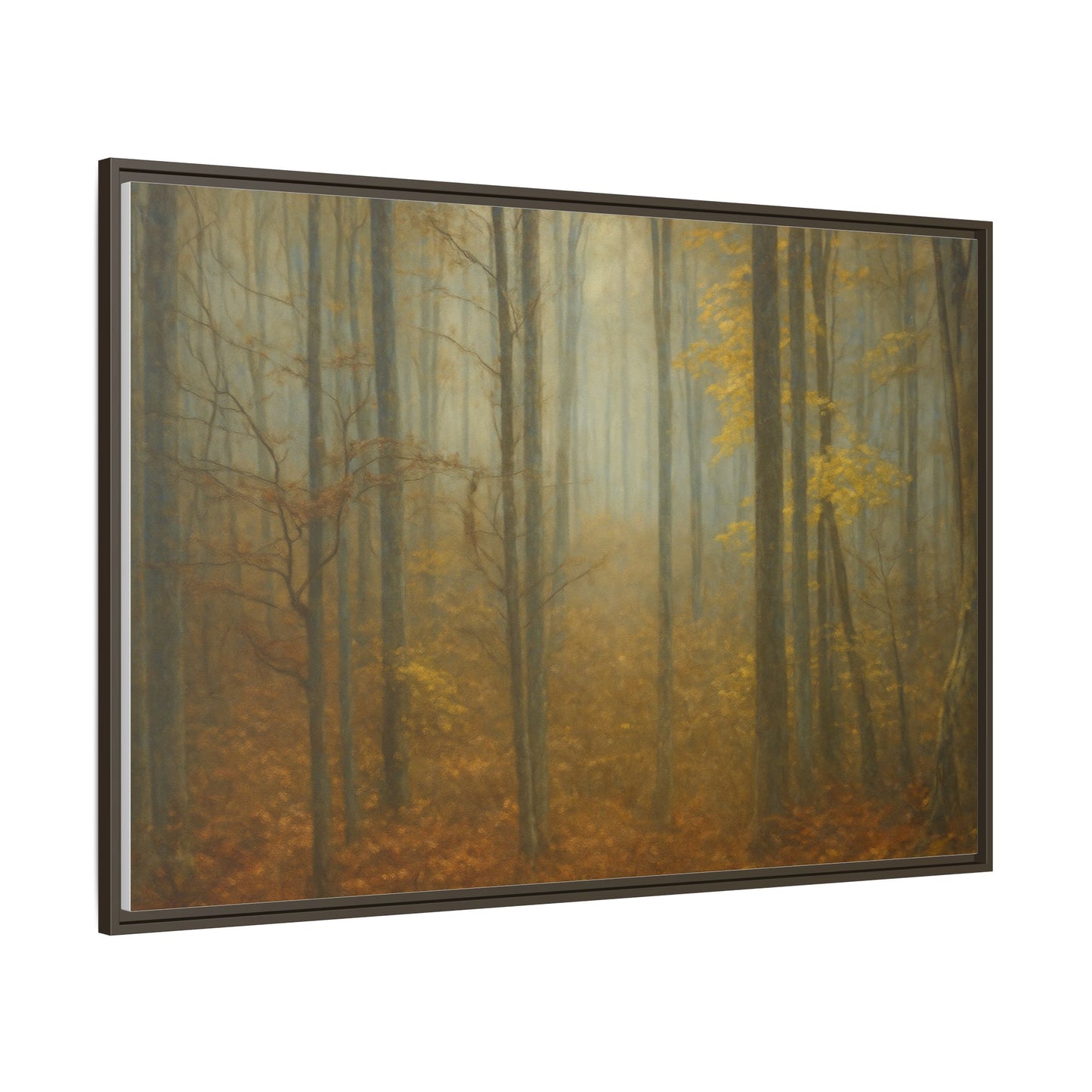 Framed matte canvas wall art featuring a misty autumn forest scene, designed by Printify for elegant home decoration.