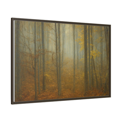 Framed matte canvas wall art featuring a misty autumn forest scene, designed by Printify for elegant home decoration.