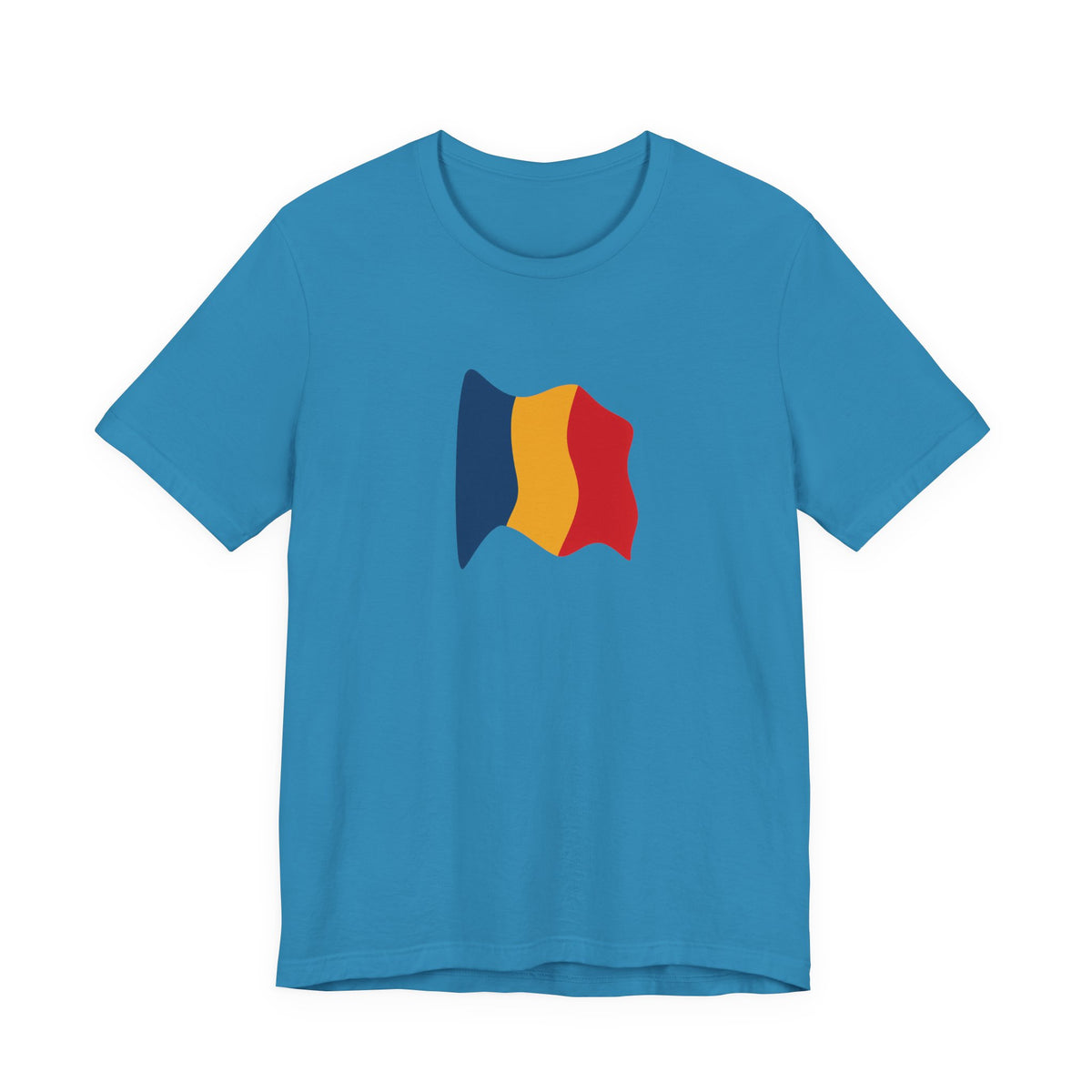 Romania flag T-shirt by Printify featuring a minimal waving tricolor design, made of soft fabric, displayed flat.