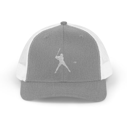 Vintage baseball snapback trucker cap with batter silhouette, printed by Printify, featuring a classic adjustable hat design.