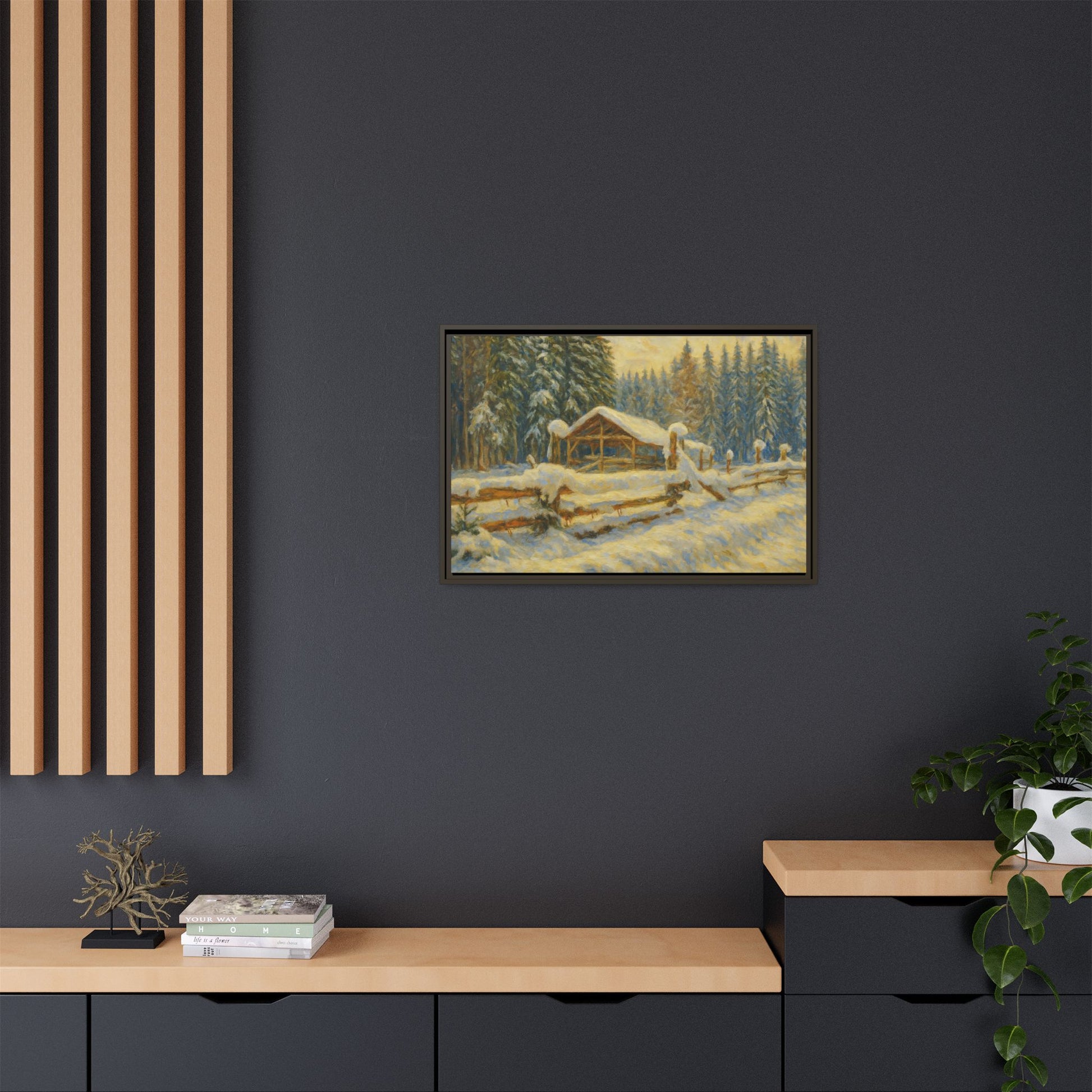 Snowy cabin winter landscape canvas wall art by Printify, featuring a cozy snowy scene with a framed matte finish.