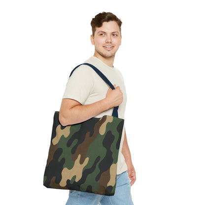 Camo pattern tote bag by Printify with all-over print canvas design, showing a spacious carryall bag with sturdy handles.
