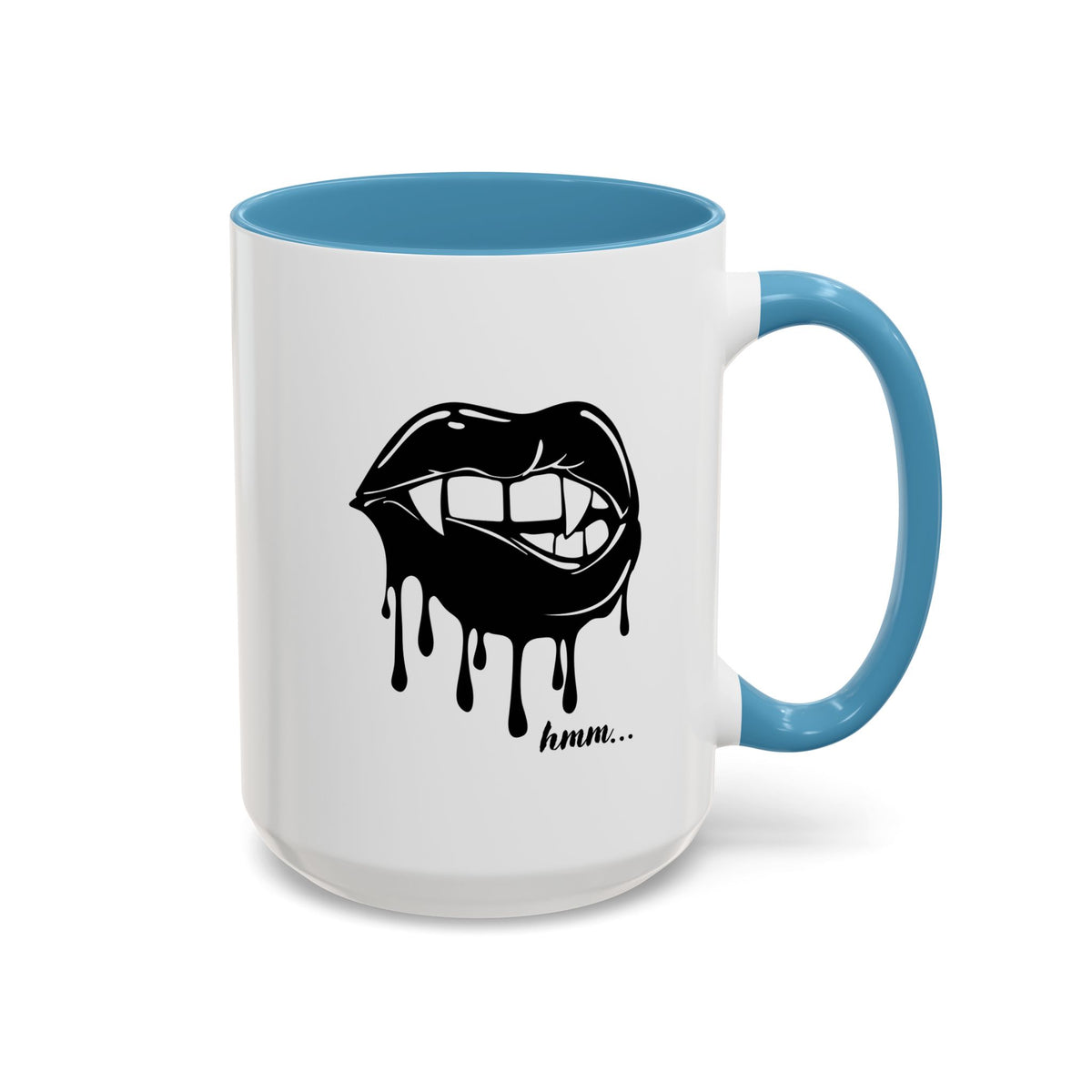 Black Dripping Lips Accent Coffee Mug with Bite graphic, 11oz or 15oz, featuring bold, artistic lip design on a ceramic mug.