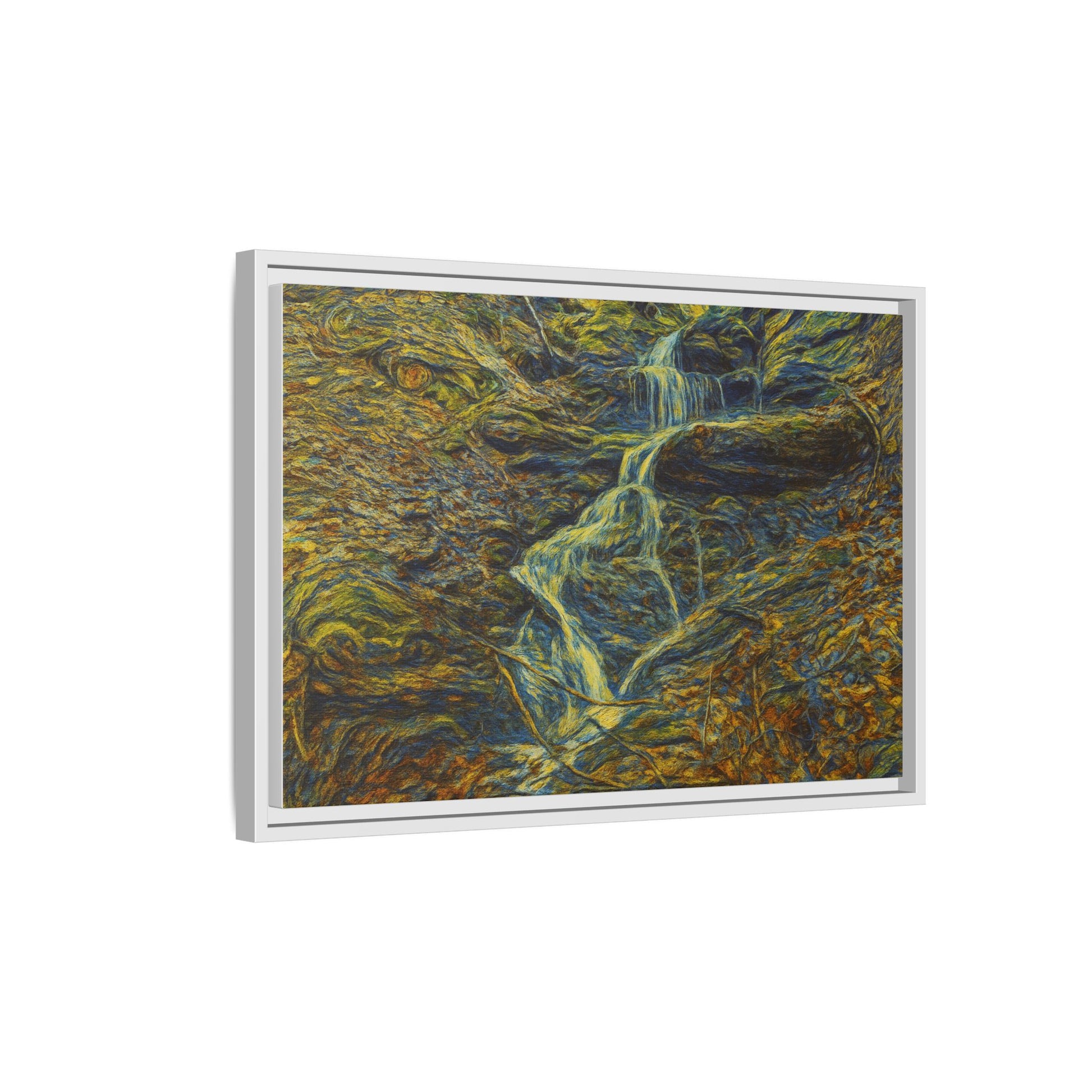 Framed matte canvas wall art of an autumn forest with a waterfall, showcasing vibrant fall colors and natural scenery.