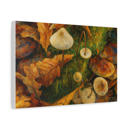 Autumn Mushrooms canvas print by Printify featuring colorful mushrooms and fall foliage in a natural woodland scene.