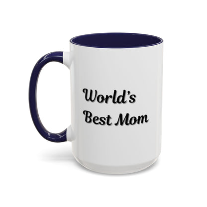 Black-trim ceramic coffee mug by Printify with "World's Best Mom" accent design, perfect for Mother's Day gift.