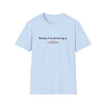 Funny alien graphic T-shirt by Printify featuring a UFO design, perfect for sci-fi fans and alien enthusiasts.