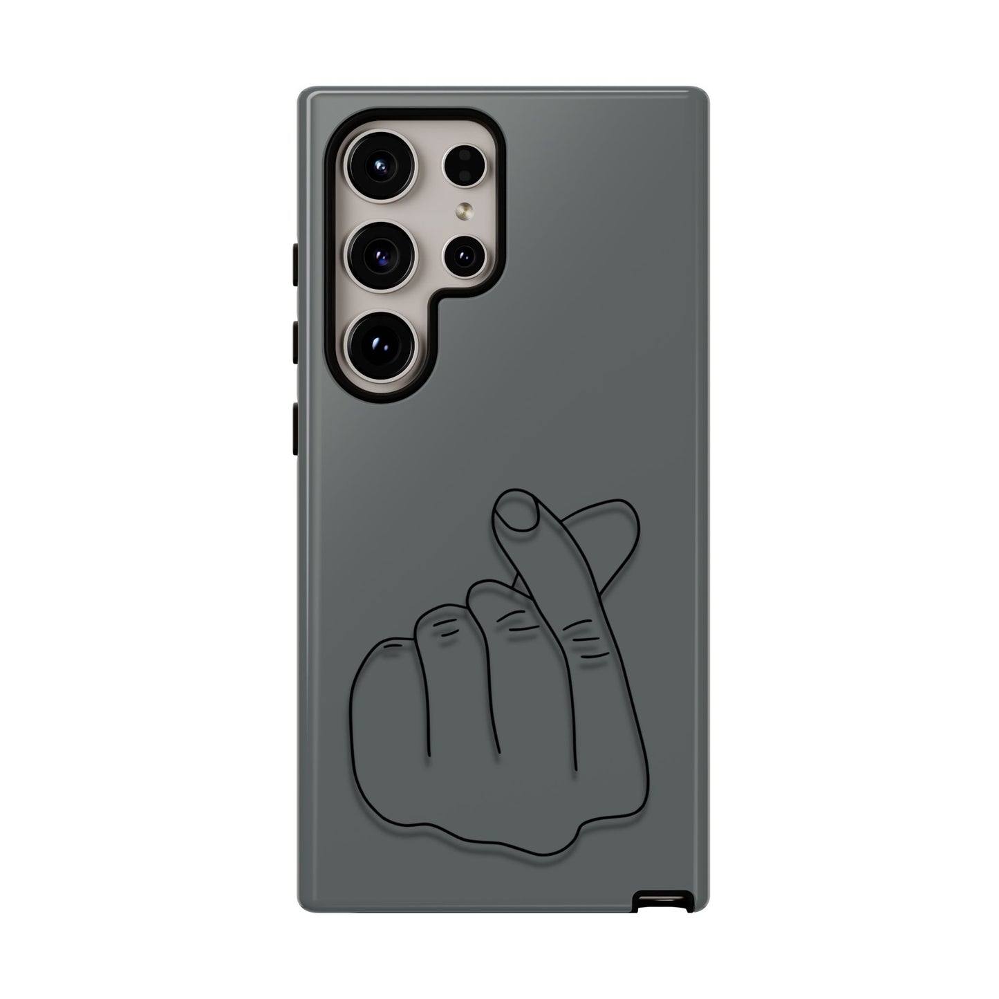 Silicone phone case with embossed Korean finger heart design, compatible with smartphones, by Printify.