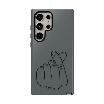 Silicone phone case with embossed Korean finger heart design, compatible with smartphones, by Printify.