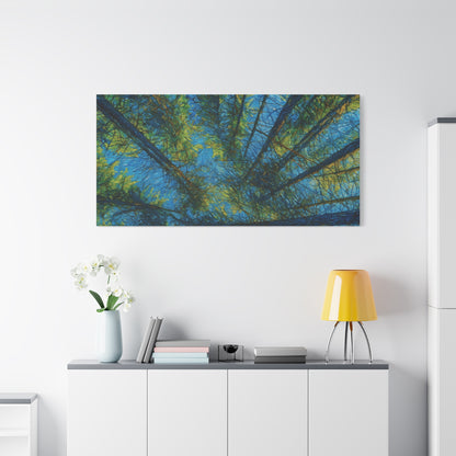 Forest Canopy Matte Canvas Wall Art — Upward View of Trees, Blue & Green Nature Print