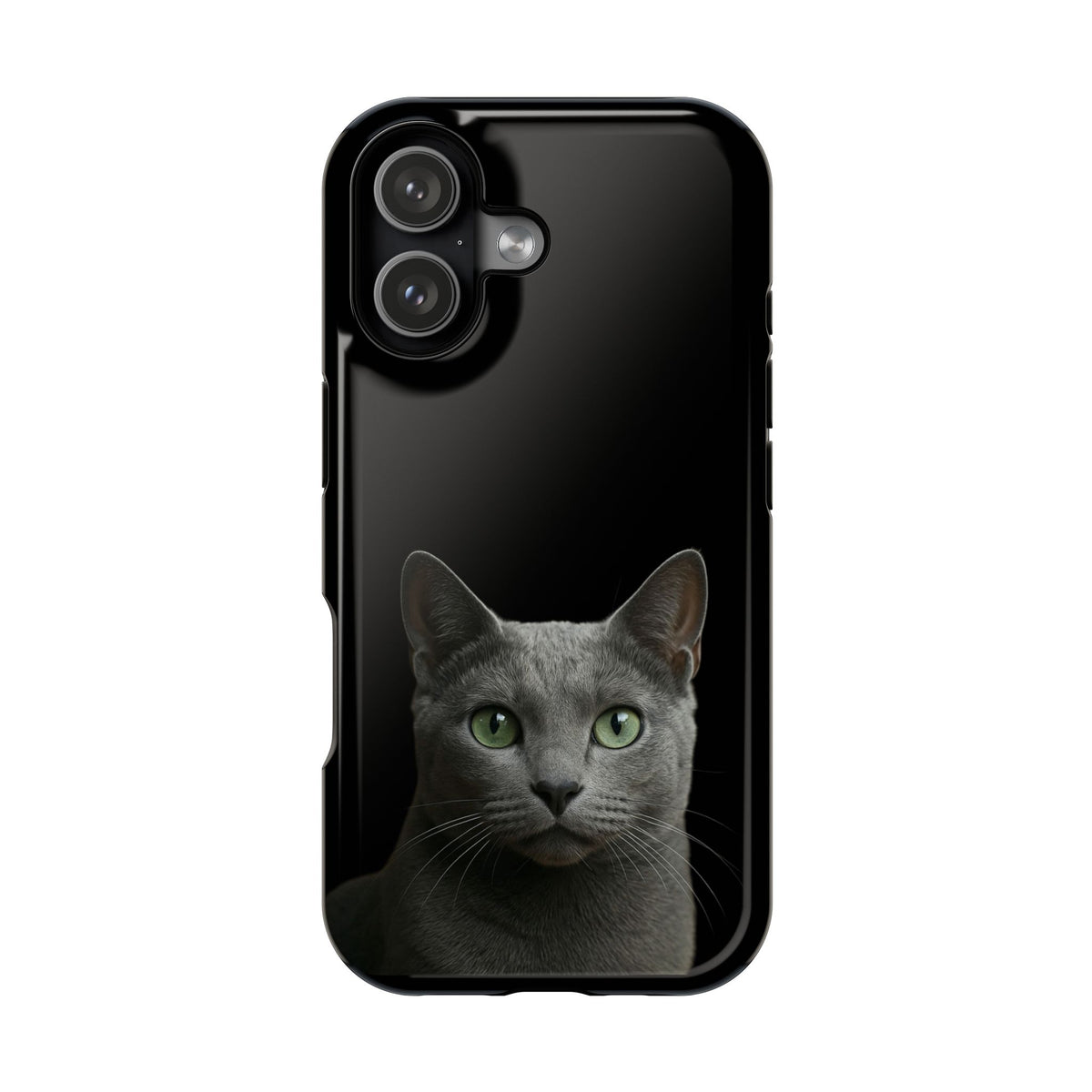 Russian Blue Cat phone case with magnetic impact-resistant design for iPhone, featuring detailed cat artwork.