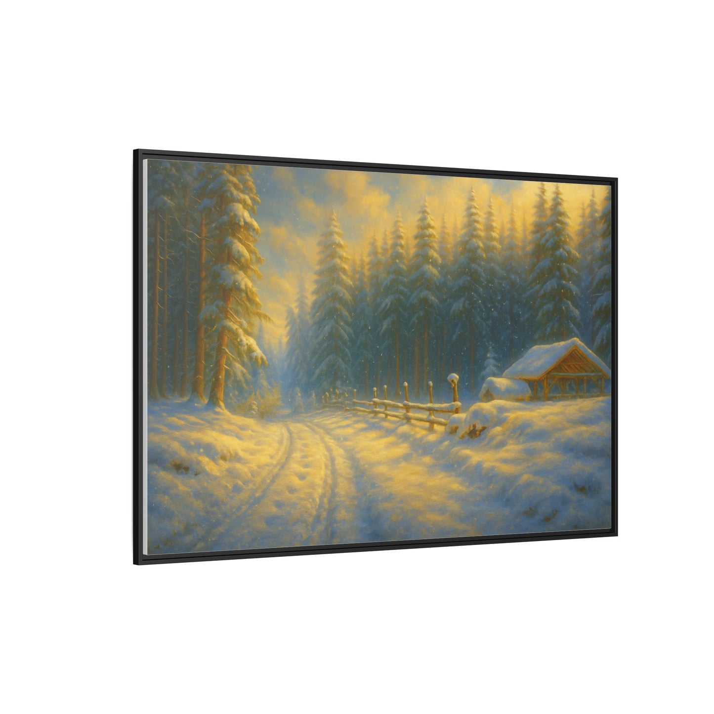 Framed winter cabin canvas print featuring a snowy forest sunset, wall art by Printify showcasing a serene winter landscape.