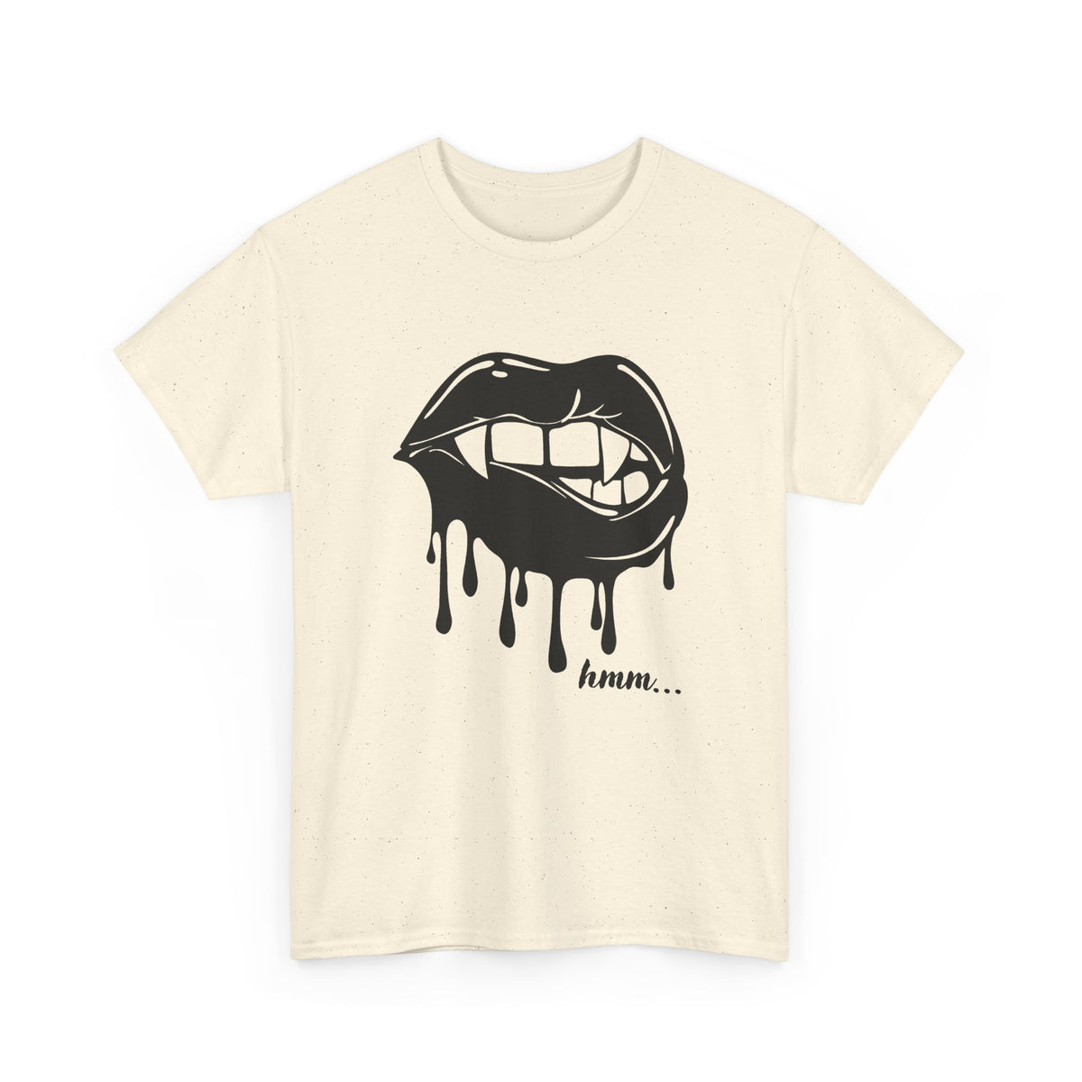 Graphic Tee by Printify featuring dripping lips "hmm..." bite design on a casual T-shirt, with a bold, artistic print.