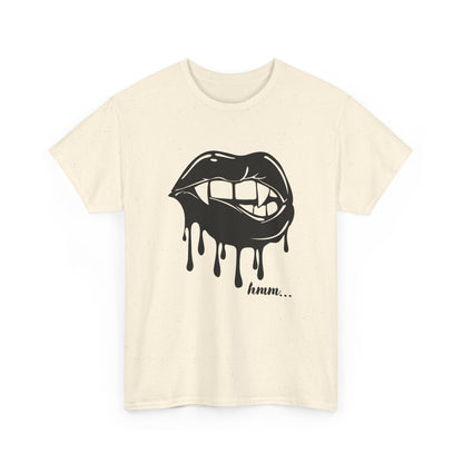 Graphic Tee by Printify featuring dripping lips "hmm..." bite design on a casual T-shirt, with a bold, artistic print.