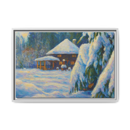 Framed matte canvas of a snowy cabin winter landscape wall art, featuring a cozy cabin surrounded by snow-covered trees.