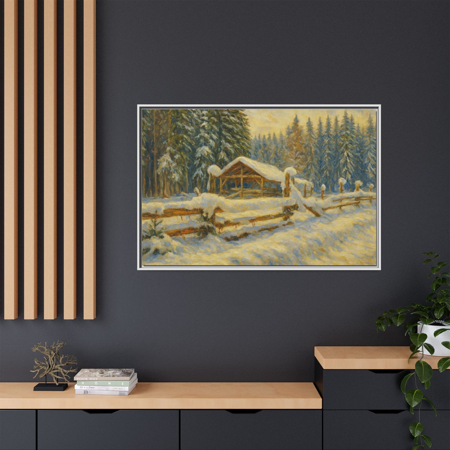 Snowy cabin winter landscape canvas wall art by Printify, featuring a cozy cabin scene in a snowy forest setting.