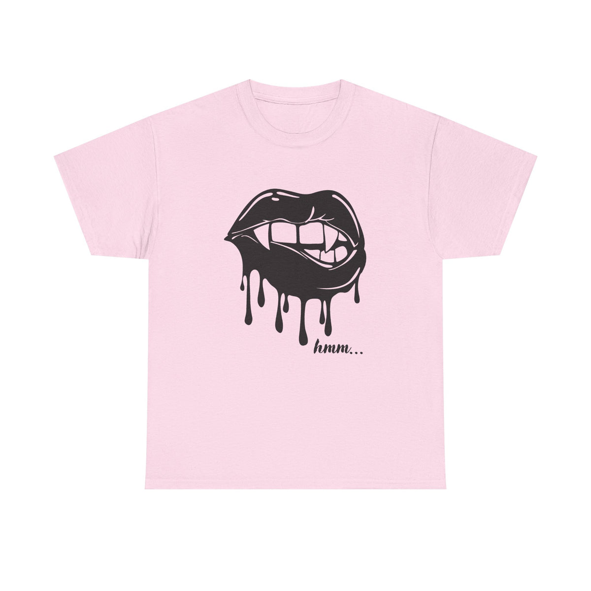Black graphic T-shirt by Printify featuring a dripping lips "hmm..." bite design on the front.