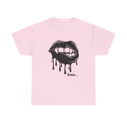 Black graphic T-shirt by Printify featuring a dripping lips "hmm..." bite design on the front.
