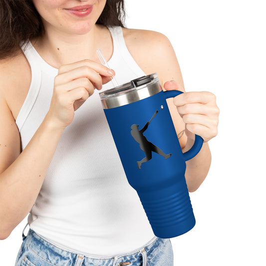 Printify baseball silhouette 40oz insulated travel mug with black handle and lid, designed for hot and cold beverages.