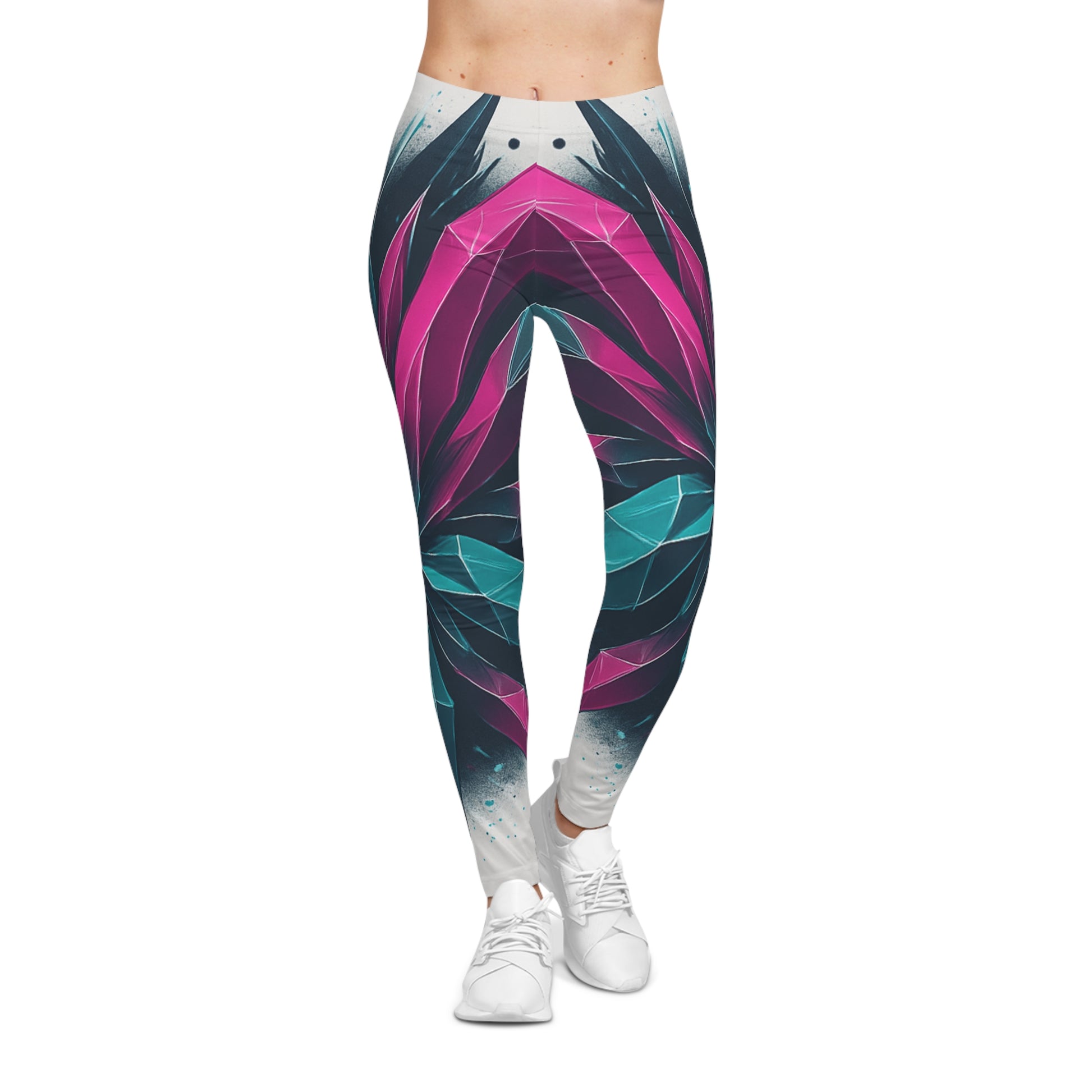 Geometric prism leggings with bold floral kaleidoscope all-over print by Printify, featuring colorful geometric and floral patterns.