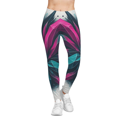 Geometric prism leggings with bold floral kaleidoscope all-over print by Printify, featuring colorful geometric and floral patterns.