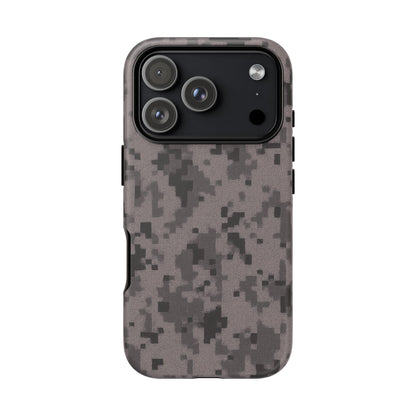 Gray digital camouflage phone case by Printify, tough protective cover designed for smartphones.