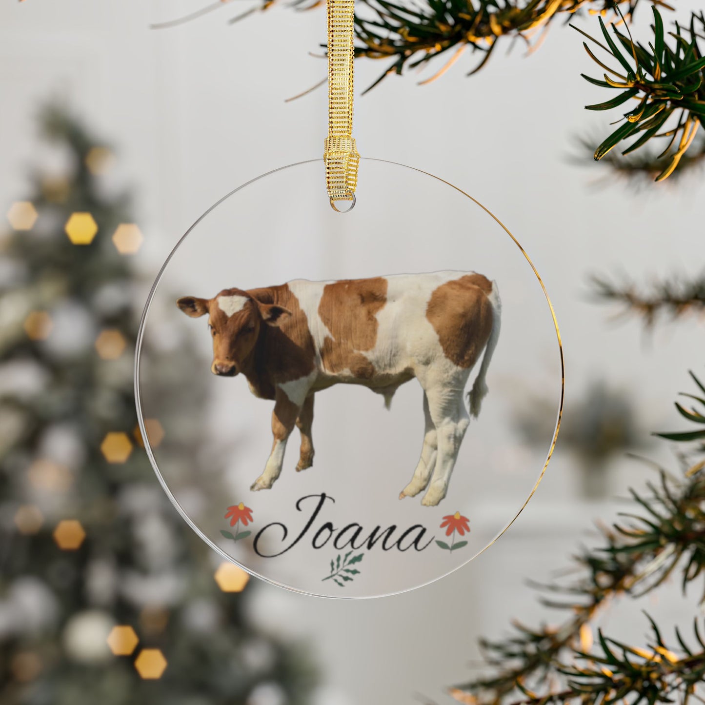 Personalized cow acrylic ornament with custom name, farm animal Christmas decoration, featuring a detailed cow design.