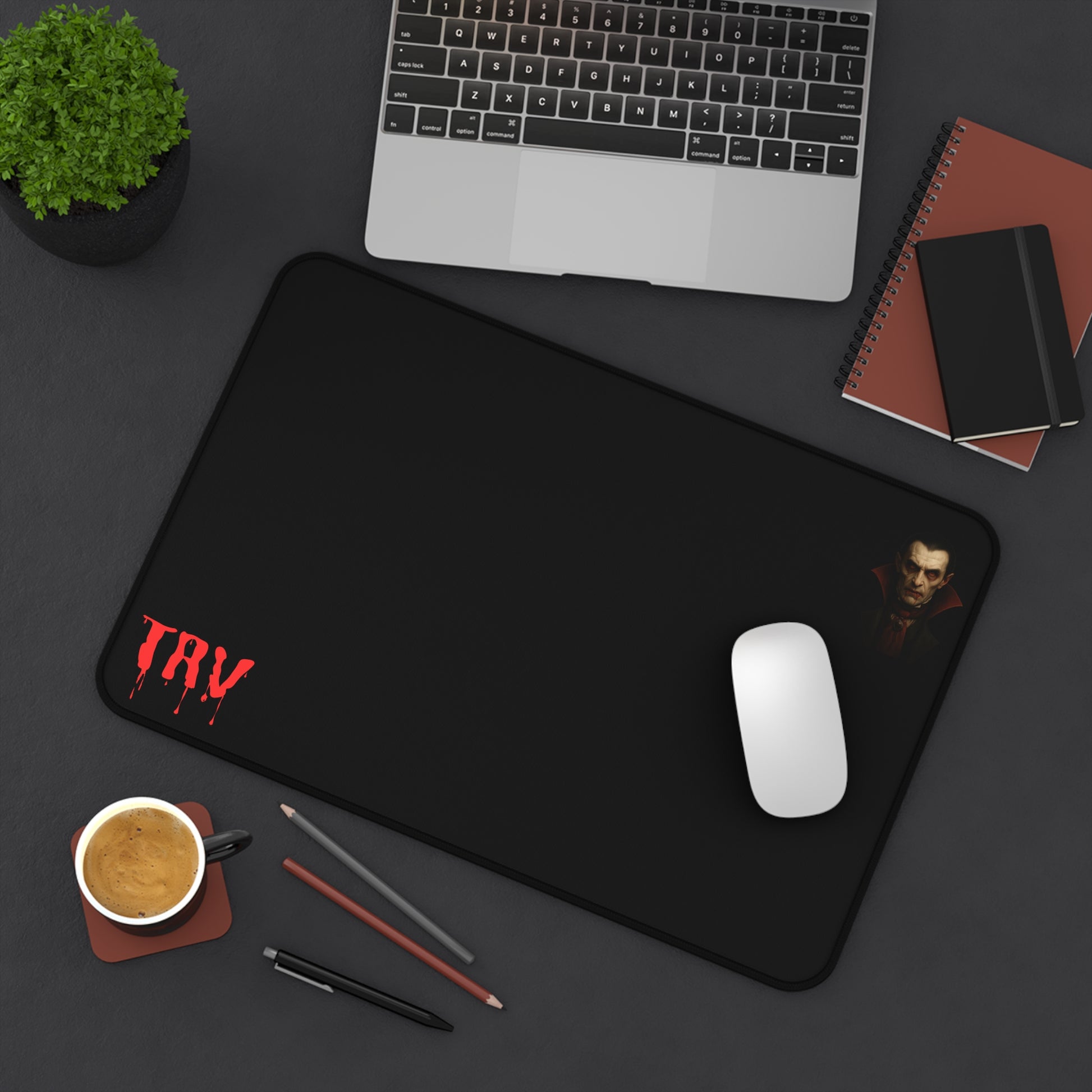 Vampire portrait desk mat with blood drip design, featuring dark gothic artwork for gaming or office use.