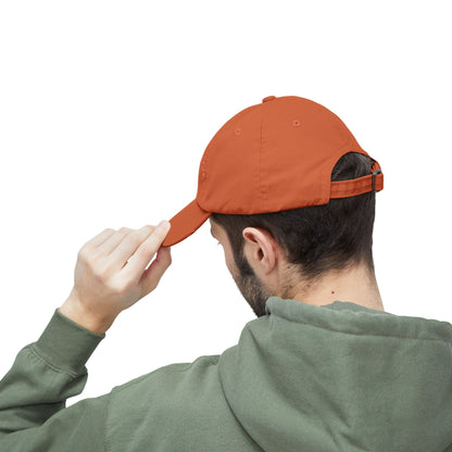 Distressed baseball cap with silhouette batter design, casual hats by Printify featuring a worn, vintage look.