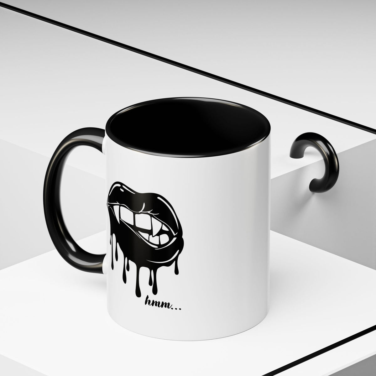 Black Dripping Lips Accent Coffee Mug with Bite Graphic, 11oz or 15oz, Printify ceramic mug featuring bold lip design.