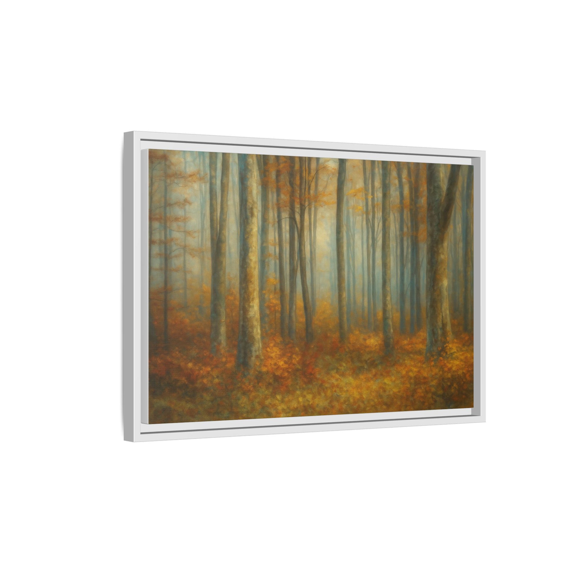 Framed autumn forest canvas print with misty woodland scene, vibrant fall colors, and natural wood frame on wall art.