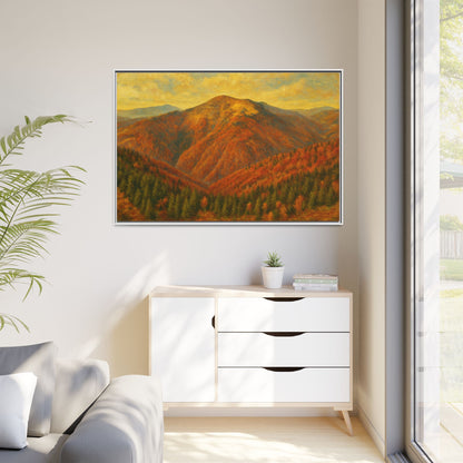 Autumn mountain matte canvas framed wall art by Printify, featuring a scenic mountain landscape in warm tones.