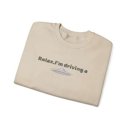 Relaxing UFO Driving Sweatshirt, Funny Gift for UFO Lovers, Unisex Crewneck Pullover, Casual Wear, Space Enthusiast Apparel