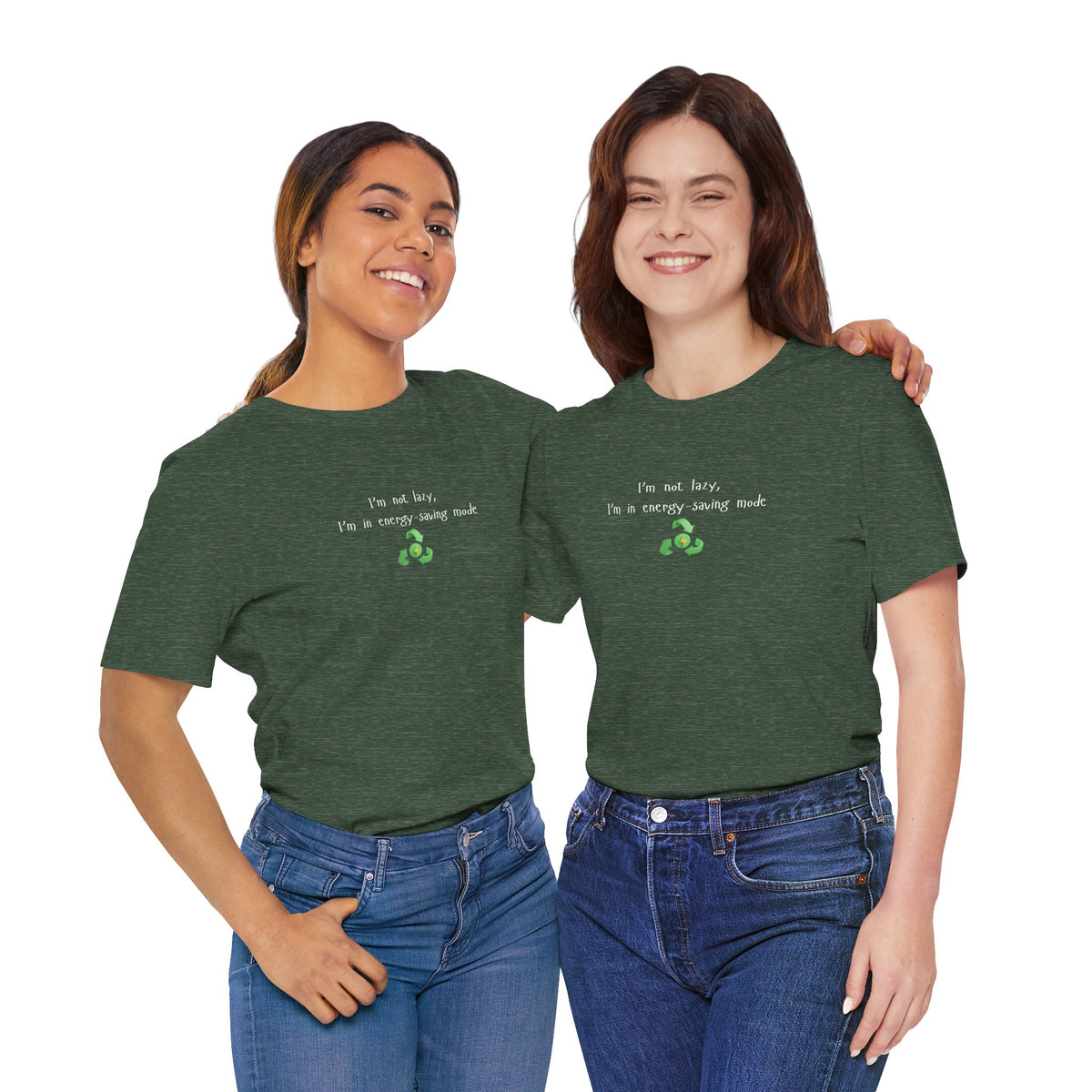Eco-friendly mock T-shirt with humorous "I'm Not Lazy, I'm an Energy-Saving" print, casual fit, in eco-conscious fabric.