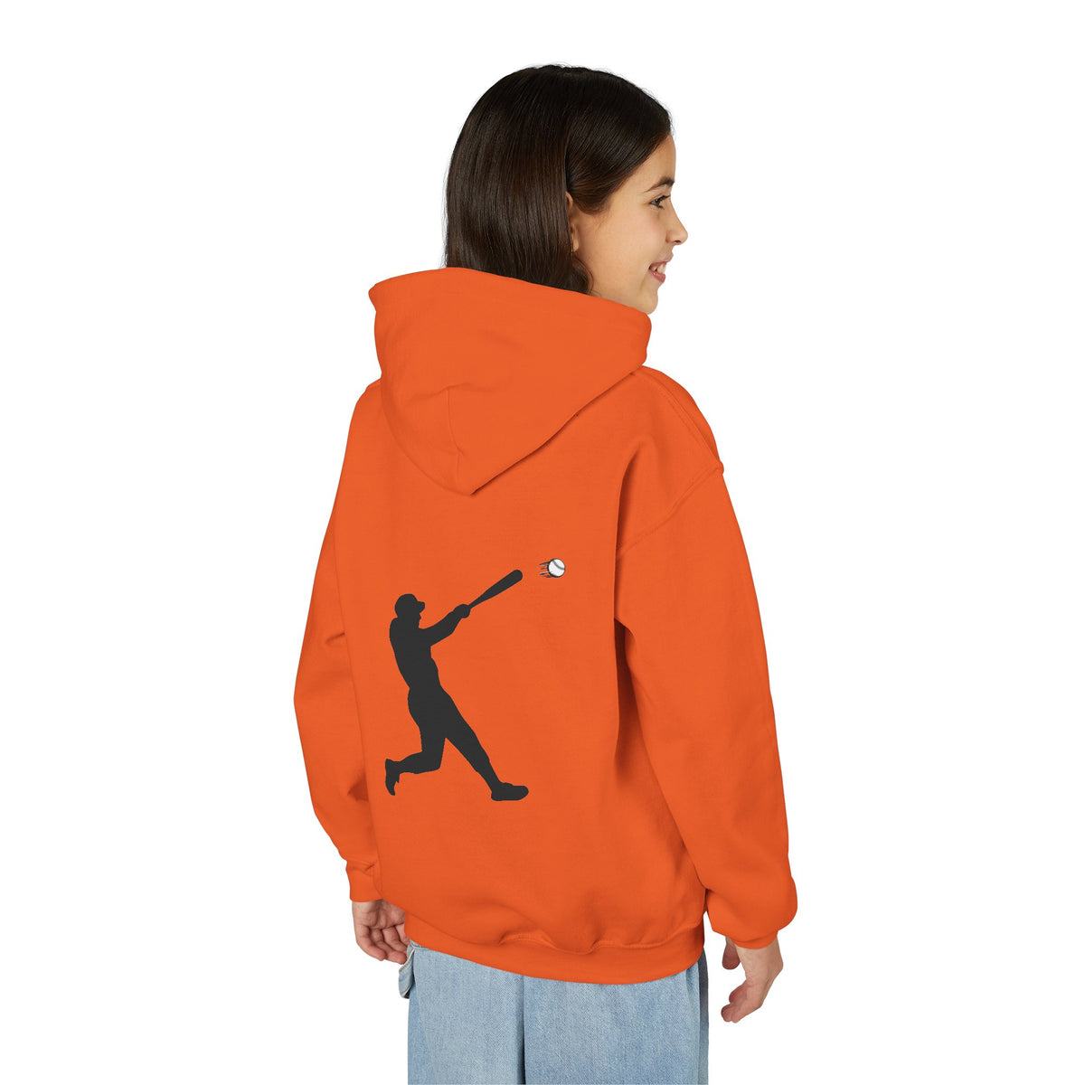 Youth baseball silhouette hoodie for kids, featuring a baseball player design, made by Printify, casual pullover for children.