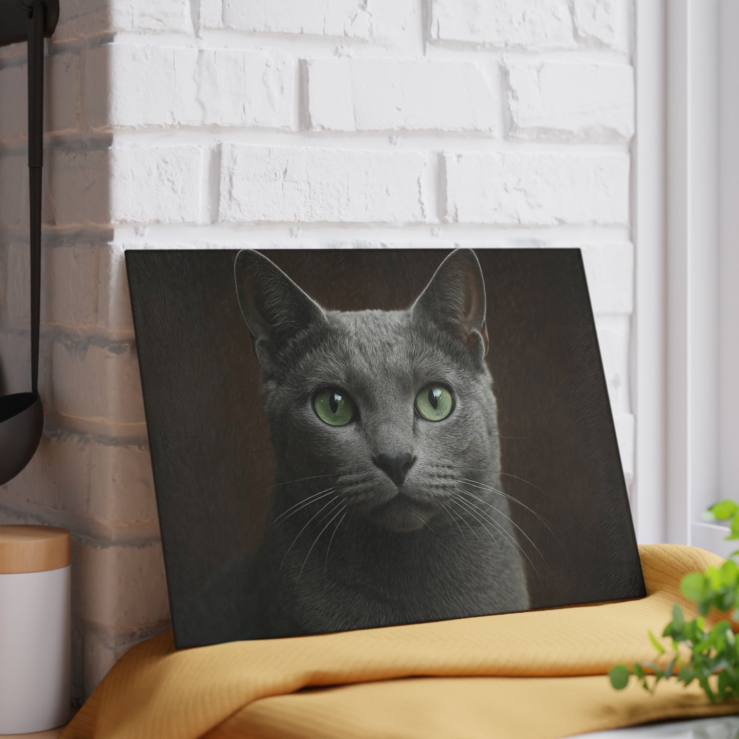 Russian Blue Cat Glass Cutting Board — Decorative Kitchen Cutting Board with Green-Eyed Cat Portrait