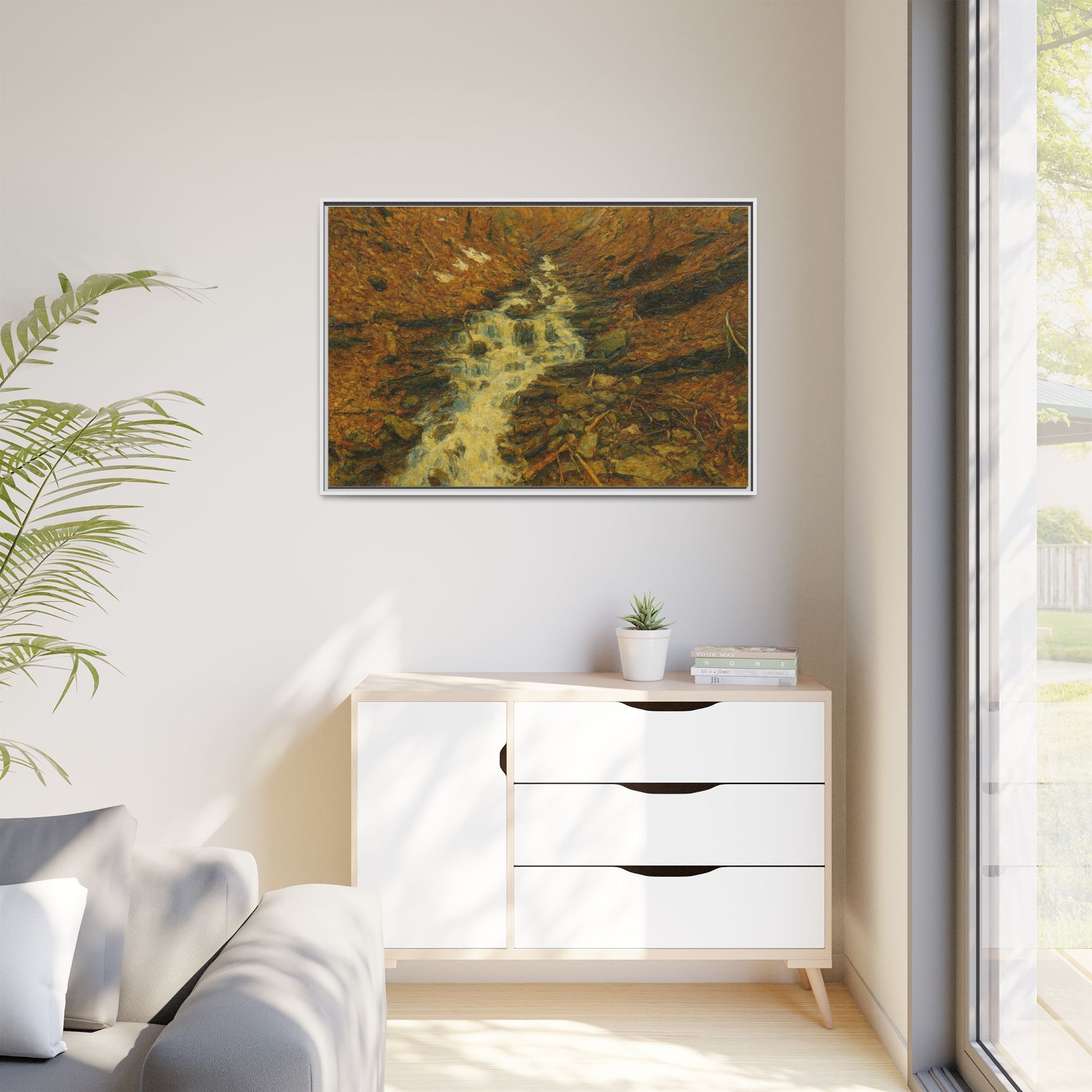 Framed matte canvas print of autumn stream landscape artwork, featuring vibrant fall foliage and peaceful water scene.